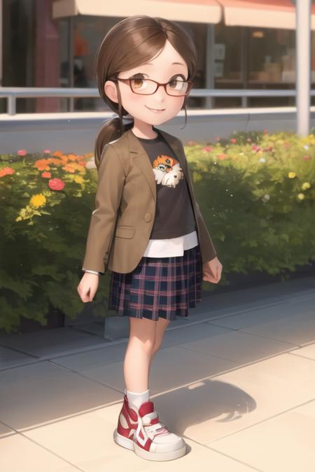 1girl, margo, brown hair, brown eyes, glasses, low ponytail, sidelocks, jacket, skirt, sneakers, city, standing, looking at viewer, smile <lora:margo:1>