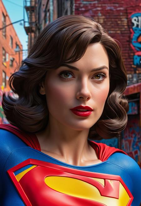 Lois Lane As Superman (Gillian Brand), brunette bobcut, spitcurl, Accurate, Drawn By Curt Swan, CGI, graffiti alley, extreme close-up, close-up portrait, shallow depth of field, warm color grading, curvaceous and voluptuous, symmetrical and maximalist, realistic skin texture, accurate, 2014, low poly, isometric art, 3d art, high detail, artstation, concept art, behance, ray tracing, smooth, sharp focus, ethereal lighting