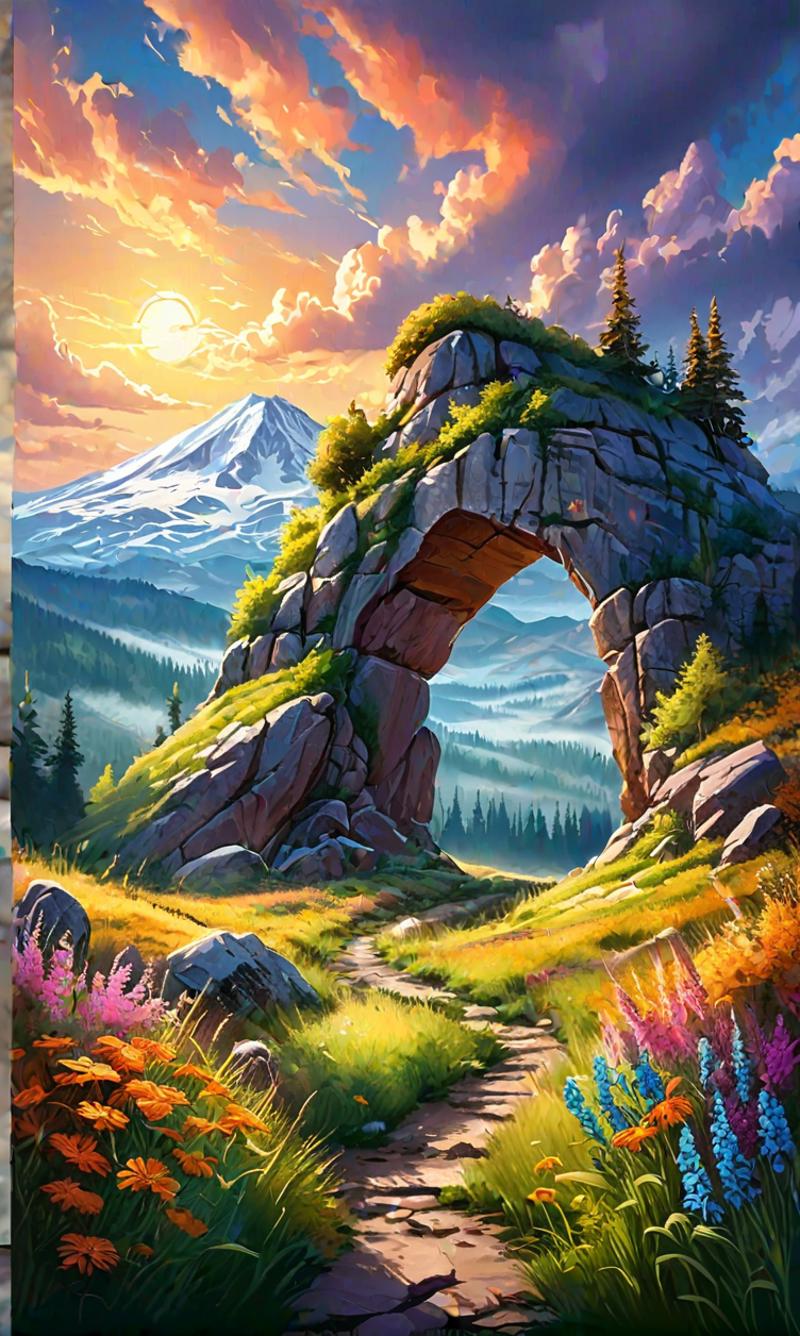 A painting of a mountain landscape with a stone arch and a sun in the sky.