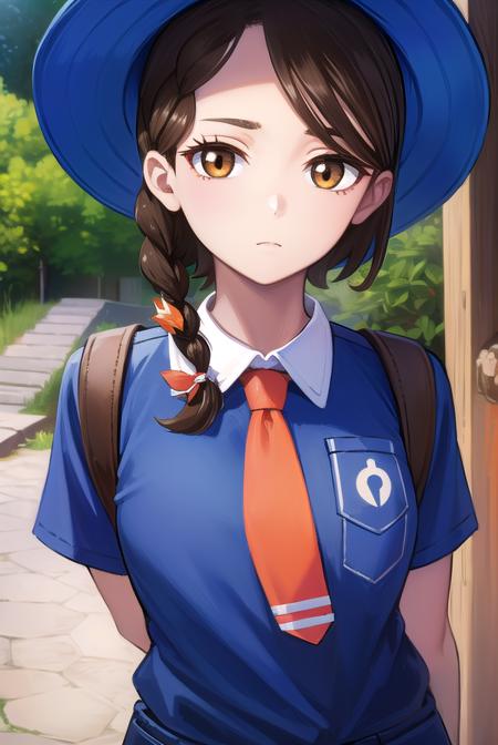 pokemonjuliana, <lora:pokemonjuliana-lora-nochekaiser:1>,
pokemonjuliana, braid, (brown eyes:1.5), brown hair, hair ornament, hairclip, side braid, single braid, swept bangs,
BREAK backpack, bag, black footwear, blue headwear, blue shirt, breast pocket, collared shirt, hat, kneehighs, naranja academy school uniform, necktie, orange necktie, orange shorts, pocket, school uniform, shirt, shoes, short sleeves, shorts, socks, striped, striped shorts, sun hat, white socks
BREAK looking at viewer, full body, (cowboy shot:1.5),
BREAK outdoors,,
BREAK <lyco:GoodHands-beta2:1>, (masterpiece:1.2), best quality, high resolution, unity 8k wallpaper, (illustration:0.8), (beautiful detailed eyes:1.6), extremely detailed face, perfect lighting, extremely detailed CG, (perfect hands, perfect anatomy),