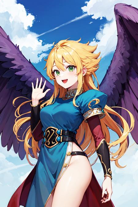 bbnina, blonde hair, long hair, green eyes, (purple wings:1.1), feathered wings, blue dress, puffy sleeves, long sleeves, thighs, side slit