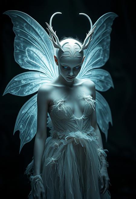 An evocative dark fantasy photography. The central figure is a once-elegant albino fairy, her skin is white saten now corrupted by sinister forces. She has buterfly wings like attributes, a pale complexion, glowing blue eyes. Her once-lush attire is now tattered and overgrown with the transparency  that she once represented. The background is dark and foreboding, reflecting the fairy's lost beauty and anger. The overall atmosphere is cinematic and conceptual, immersing the viewer in a world of dark fantasy., cinematic, dark fantasy