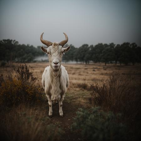 portrait photo of a human with a goat head with big horns, dark woods in the background, fog, volumetric, bokeh