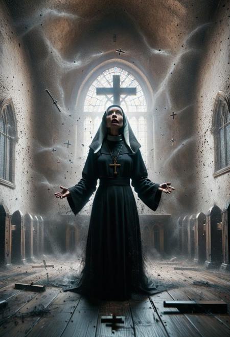 A lone, nun on the floor of, an old empty church, she has a look of horror on her face as she looks up at an attacker clutching a cross, with ais-darkpartz swirling around him, creating a sense of foreboding. <lora:Dark_Particles_Style_SDXL:1>