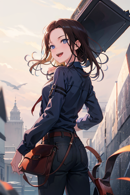 <lora:LAYER-09:0.7> ,masterpiece, best quality, highres, LAYER, 1girl, solo, long hair, looking at viewer, smile, open mouth, blue eyes, simple background, brown hair, shirt, black hair, long sleeves, standing, purple eyes, :d, teeth, looking back, pants, from behind, upper teeth only, blue shirt, hand on own chest, black background, instrument case, guitar case