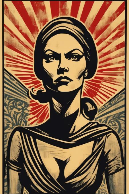 <lora:Shepard Fairey Style:1>Shepard Fairey Style - a single color image of a strong feminist woman facing forward in the style of a lino block print