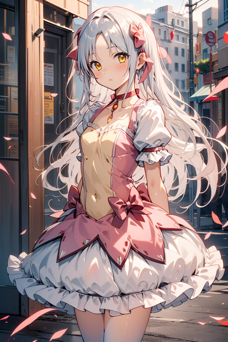 1girl, solo, BREAK outdoors, street, looking at viewer, (masterpiece:1.2), best quality, high resolution, unity 8k wallpaper, (illustration:0.8), (perfect hands, perfect anatomy), standing, blush, shiny hair, shiny skin, (parted bangs:1.2), kanade tachibana, silver hair, long hair, bangs, yellow eyes, arms behind back, ((madoka outfit)) <lora:MadokaCostumePackV1_2:1>