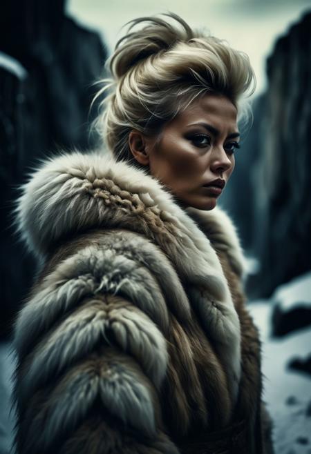 glamour shot,(dark mood masterpiece Photography by Mario Giacomelli:1.2),high quality, 8K Ultra HD, beautiful Eskimo female warrior wearing thick fur over her entire body, fur coat, blonde hair, extremely elaborate hair updo, fur, beautiful, full depth of field and realistic textures, colorful, atmospheric haze, Film grain, cinematic film still, highly detailed, high budget, cinemascope, moody, epic, OverallDetail, gorgeous, 2000s vintage RAW photo, photorealistic, candid camera, color graded cinematic, eye catchlights, atmospheric lighting, imperfections, natural, shallow dof