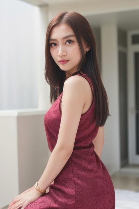 masterpiece, best quality, 1girl, purple eyes, yellow eyes, gradient eyes, black hair, long hair, long eyelash, portrait, depth of field, in hall, golden time, (jawline, strong jawline), Messy hair, red dress, cleavage, perfect face shape, (perfect eyes, bright eyes, downing eyes, perfect eyes looking, downing eyes, brown eyes), {smirk|parted lips,teeth}), cleavage, (medium breast:1.2), looking at viewer, (shiny skin, tan skin, clear skin), ((apartment,simple background)), (make up, blush), (dinamic pose, profesional model pose, {naughty pose}, {suggestive pose}), (fullbody shoot), {dynamic view, dynamic angle}, expose ass