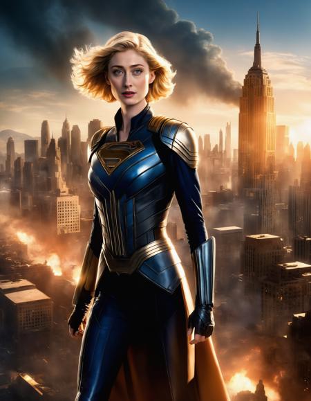 award winning still image from an action movie directed by michael bay and j.j. abrams, starring elizabeth debicki as a superheroine hovering above metropolis, sunlight, art deco, gleaming cityscape, rim lighting, volumetric, 8k resolution, trending on art station, concealer