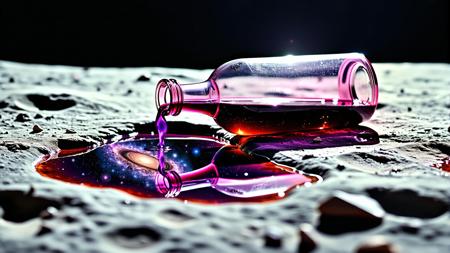 clear photograph, high resolution, taken during the 1969 moon landing showing of a severe chemical spill of beautiful scenery universe glass bottle landscape, , purple galaxy bottle, tipped over, puddle of dark opaque purple liquid with cosmos inside poured into a large puddle,,,<lora:Flux\XLabs_Flux_realism_lora.safetensors:1.0>,  <lora:Flux\schnell_realism_byHugovntr_v23.safetensors:0.6>