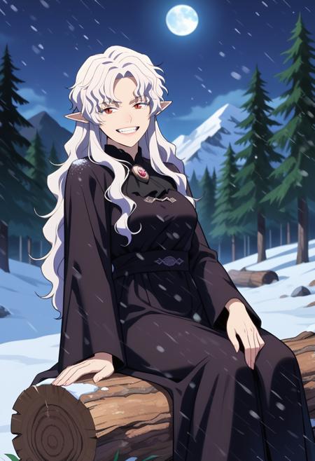 OpheliaSMLN long hair, wavy hair, white hair, parted bangs, red eyes, slit pupils, pointy ears black robe, brooch, mature