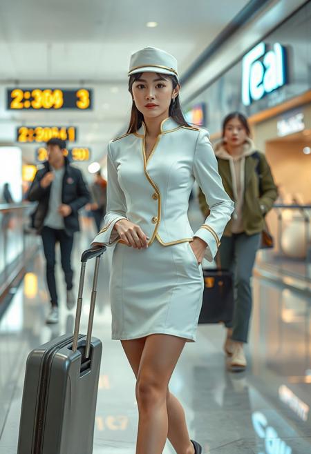 DSLR-style, glamorous and elegant 26-year-old Korean woman with flawless pale skin and natural glow. Subtle facial features, parted lips, soft expression. Masterpiece, ultra high-res.  
<lora:NOOB_vp1_detailer_by_volnovik_v1:1>  
realistic skin texture with visible pores under soft lighting, porcelain-like translucency, full body composition.
She is wearing a form-fitting white uniform reminiscent of a high-class airline crew, featuring gold-trimmed cuffs and a tailored short skirt that highlights long legs. A matching peaked cap rests neatly on her styled hair. Her blouse is sharply cut with a deep neckline, subtly suggesting curves underneath.  
The setting is a sleek, modern airport terminal or luxury shopping mall. Reflections bounce off the translucent flooring beneath her feet, revealing faint outlines of the level below. A premium-looking rolling suitcase stands beside her, reinforcing the impression of poised mobility.  
In the background, casually dressed passersby move through the brightly lit space — one in a dark jacket and jeans, another in a cream-colored hoodie and pants. Illuminated signage with numbers and the glowing brand logo of a tea shop add urban context.  
Capture the visual tension between stillness and motion, elegance and suggestion. Focus on textile texture, fabric tension, floor reflection, and ambient light realism.