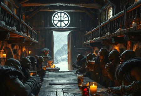 a frame of a 5-second cinematic claymation-style video in a fantasy tavern with ultra-detailed textures and photorealistic lighting. The tavern has multiple levels—three floors with varying heights and wooden balconies. Cold ambient tones dominate, with warm light accents from a central fireplace and scattered candles. An open door at the far end reveals a snowy mountain landscape; snow blows into the tavern, subtly swirling in the air. Inside, orcs (in Warcraft style) are laughing, drinking, and celebrating in a rowdy, festive atmosphere. Shot like a claymation scene with handcrafted character detail and set textures. Simulated full-frame DSLR camera with an 85mm lens at f/1.8, shallow depth of field, ISO 400, 1/100 shutter speed. Natural light with soft post-processing: subtle contrast boost, epic cinematic tone grading, and slight depth haze in background.