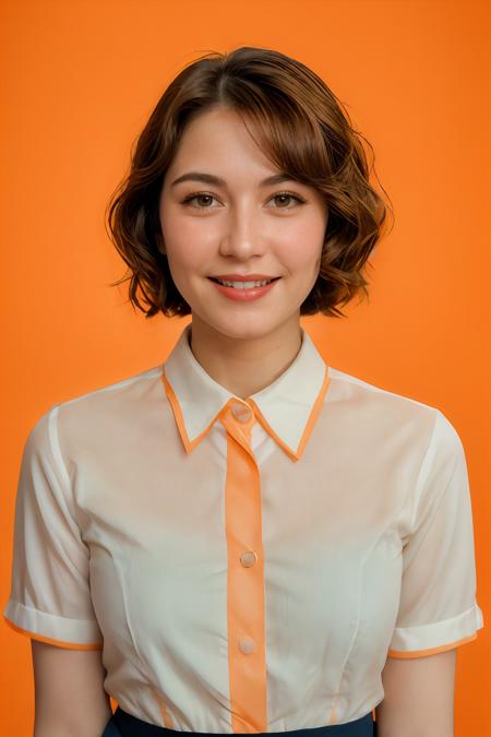 analog film photo solo, gstyle, realistic, ((woman)), (((short hair))), (((happy512))), (((A-line skirt, button-down shirt, and pumps.))), ((Simple Light Orange background:1.5)), ((dynamic pose)), high detailed, 8k, clear facial features, <lora:PAseer-SD15-LCM Quick:1> <lora:ReaLora:.2> skin <lora:GStyle_-_Photography_Style:.4>  <lora:[ID]_-_Jessica_Veranda:1> jesvera . faded film, desaturated, 35mm photo, grainy, vignette, vintage, Kodachrome, Lomography, stained, highly detailed, found footage