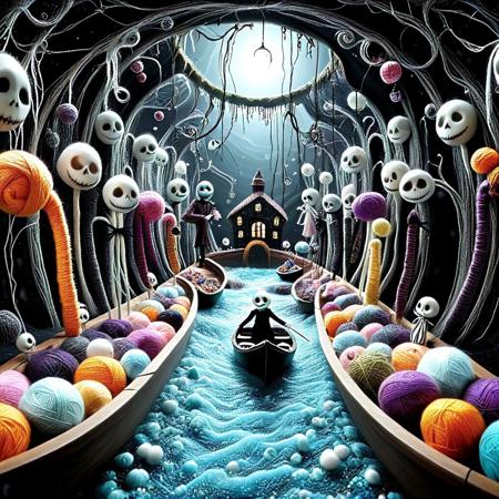 A darkly whimsical, Tim Burton-inspired surreal yarn covered sewer tunnel, smooth polished chromium walls inlaid with vibrant yarn, glinting lerie stars. Raging crystalline water rushes through a canal shaped with golden ratio curves and swirling fractal eddies. A crooked, gothic candy-colored boat, reminiscent of the Charlie and the Chocolate Factory tunnel boat, drifts through the canal. Strange characters with long, thin limbs, stitched clothes, and pale, ghostly faces — inspired by Jack Skellington and James and the Giant Peach — paddle madly in unison, their expressions gleeful yet slightly unsettling. The tunnel crazy yarn decorations with Burton’s twisted, spindly elven architecture: archways curve like spider legs, organic shapes loom overhead, glowing bioluminescent gems cast spooky shadows, and kaleidoscopic reflections flicker on the chrome walls. The atmosphere is darkly magical, Gothic and playful, ultra-detailed, cinematic, with a Tim Burton-style stop-motion vibe, rendered in Unreal Engine and 8K.  cinematic lighting with rim lights, highlights, and visible micro-textures, Macro photography, ray-traced reflections, National Geographic detail