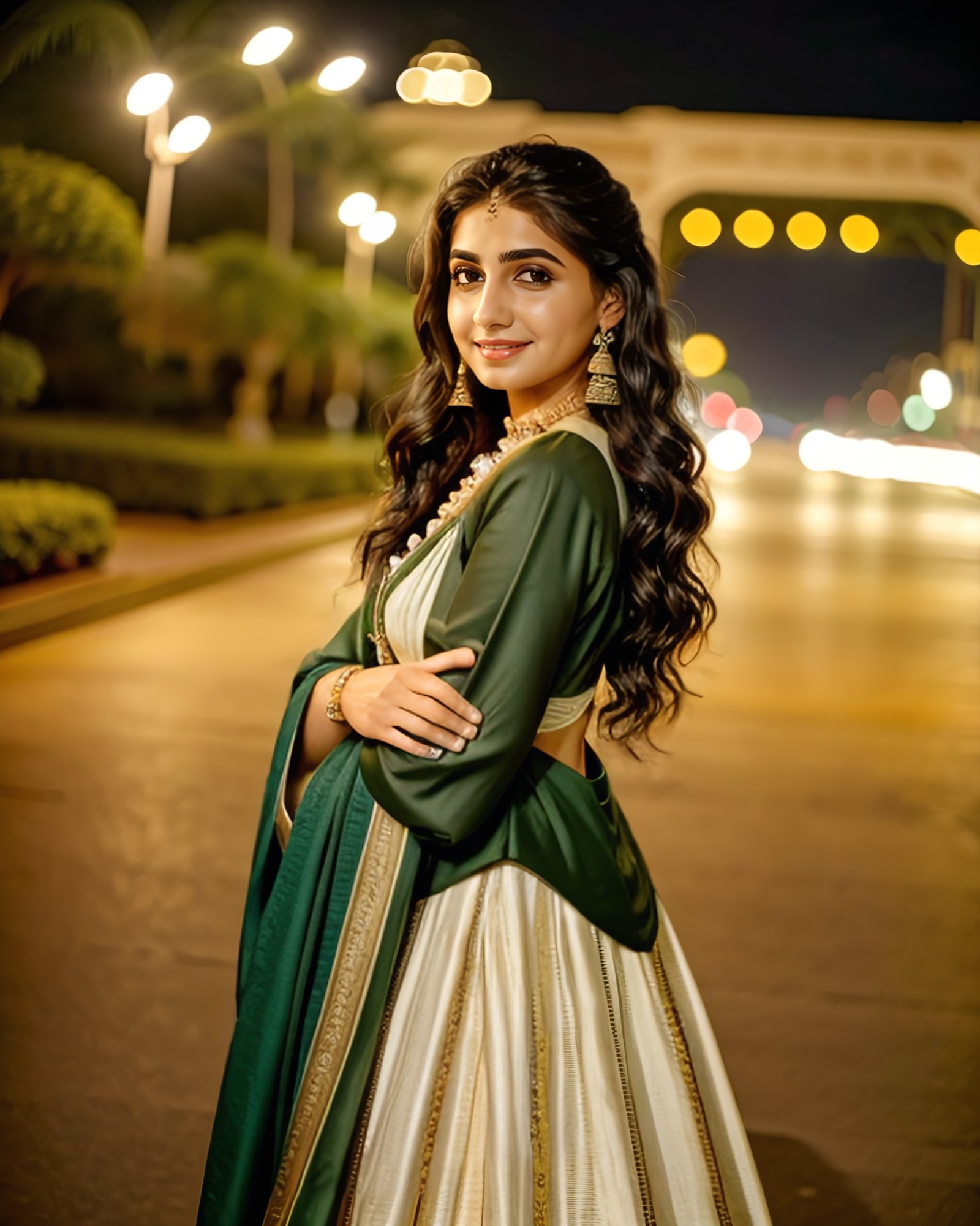 photo of a vdka woman, wearing conservative Olive Indian clothing, solo, smiling, night time, city lights  in background b...