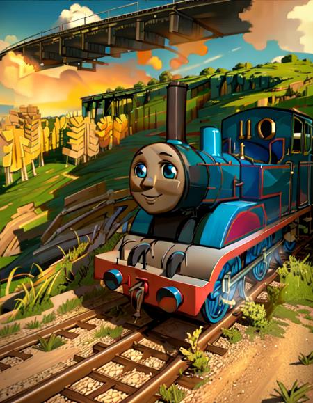 1train, <lora:Thomas the Tank:0.7>,Thomas The Tank, Thomas The Train,train tracks,bridge,grass background,high quality,highly detailed,(smoke:1.4),cgi,realistic,3d,sun,godrays,(sketch)