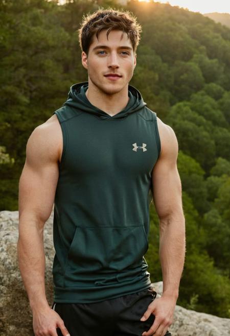 photo of Ezra Miller a man <lora:Froy-Gutierrez_Ezra-Miller:0.8>, wearing a sleeveless well-fitted under armour hoodie and compression shorts, standing on a boulder, outdoor trail, 35mm photograph, film, bokeh, professional, 4k, highly detailed, creek in the background, natural lighting, golden hour