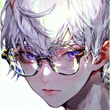 <lora:ClosePortrait_Glasses:1>,ClosePortraitWithGlasses,solo, white hair, glasses, short hair, eyelashes, 1boy, close-up, eye focus, male focus, portrait, bangs, jewelry, purple eyes