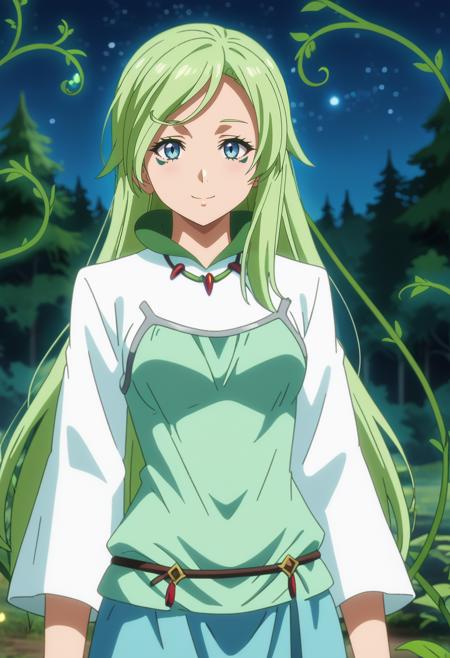 TreyniTS long hair, green hair, blue eyes, facial mark vines multicolored dress, white dress, green dress, necklace, long sleeves, blue skirt long skirt