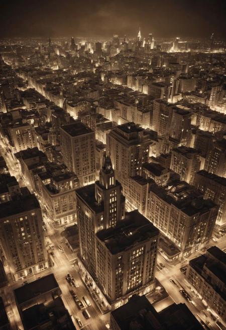 a masterful and gritty metaphysical metropolis theme, photorealistic, an art deco cityscape, night, vignette, uhd, 8k, sepia toned, intense lighting, award winning masterpiece, extremely detailed, detailed background, cinematic, complex and multidimensional lighting,  <lora:add-detail-xl:1>,frames,