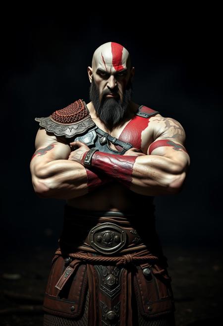 A hyper-realistic cinematic photograph of Kratos from God of War, standing firmly with his arms crossed. He is dressed in armor and depicted in all his battle-worn glory. The background is a dark and gritty battlefield with dramatic lighting, casting sharp shadows and highlighting his muscles and armor. photography, shadows, raw photo, detailed, realistic, photograph, cinema quality