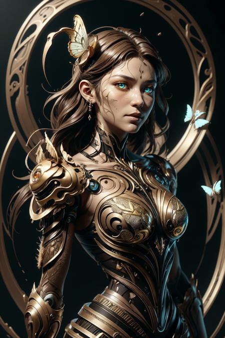 8k portrait of beautiful cyborg with brown hair, intricate, elegant, highly detailed, majestic, digital photography, art by artgerm and ruan jia and greg rutkowski surreal painting gold butterfly filigree, broken glass, (masterpiece, sidelighting, finely detailed beautiful eyes: 1.2), hdr, (detailed background window to a new dimension, plants and flowers:0.7) infinity, infinite symbol  <lora:ral-cofzee-sd15:1> cofzee