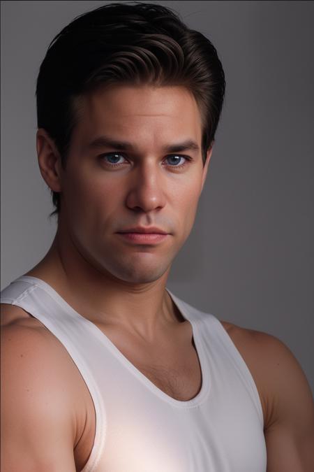 (closeup) professional photo of mike_branson <lora:mike_branson-08:0.75> wearing a fitted sleeveless white tank top, (dark navy:0.5) backdrop, soft diffused lighting, confident intense mood, looking at camera