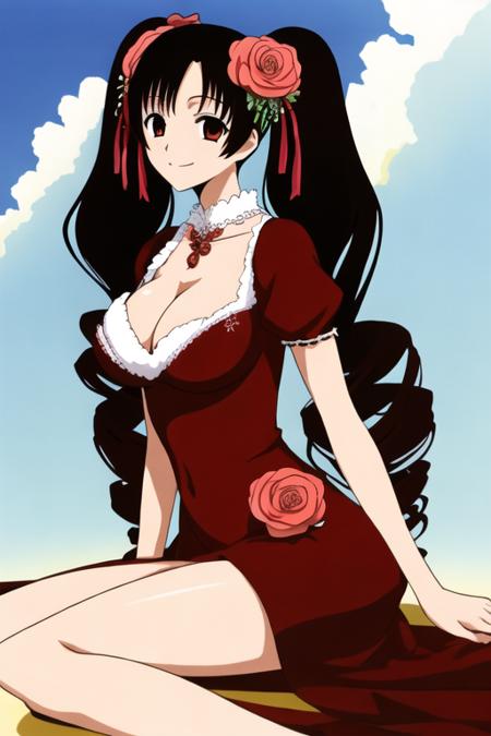 masterpiece, best quality, <lora:kunogi_himawari:0.7>  1girl, solo, long hair, large breasts, black hair, hair ornament, red dress, cleavage, twintails, very long hair, hair flower, smile