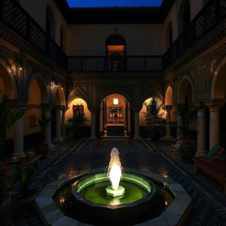 Nice inner courtyard of Arabic traditional Moroccan house, a pond with fountain,sitting area، night time, people in courtyard
masterpiece,best quality,amazing quality,very aesthetic,newest, arabic house, no human, Nice interior ,courtyard of historical arabic house,no human, Moroccan style,middle Eastern