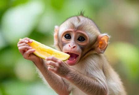 Baby monkey is happy about food.