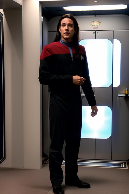 full body,young man with long hair in red voyunf uniform, on starship<lora:VoyunfRefined:0.8>