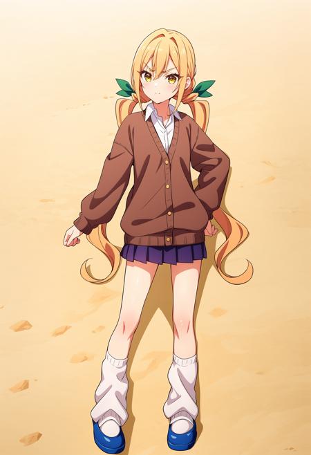 <lora:KaraneIndaV1:0.6>,KaraneInda,1girl,solo,v-shaped eyebrows,low twintails,long hair,blonde hair,orange hair,bangs,green hair bow ribbon,hair between eyes,yellow eyes,
collarbone,wing collar,open collar,collared shirt,white dress shirt,brown cardigan sweater,buttons,puffy long sleeves,purple pleated miniskirt,white loose socks,
blue footwear,slippers,outdoors,clenched hands,<lora:add_detail:0.3>,<lora:è°æ´colorful_V1_lbw:0.3>,, Exquisite visuals, high-definition,masterpiece,best quality,Exquisite visuals,high-definition,masterpiece,best quality,18yo,Young female,Beautiful Fingers,Beautiful long legs,Beautiful body,Beautiful character design,