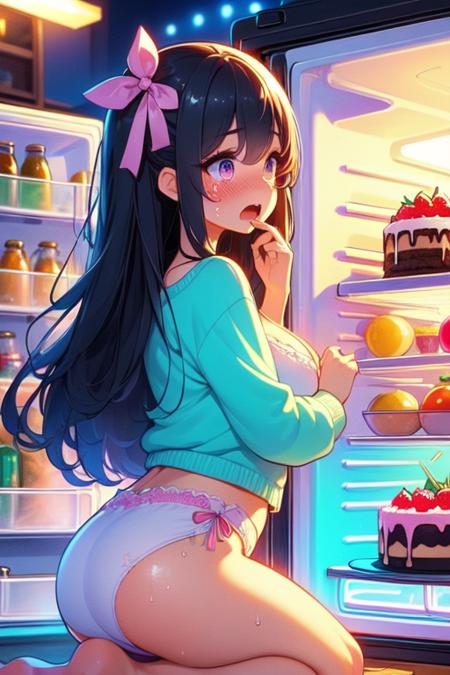 refrigerator hands on mouth from side colorfully neon lights cake chiffon cardigan seiza bare feet