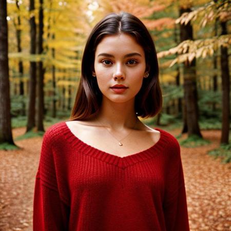 Elegant minimalistic photography, 1990s, model wearing a crimson jumper, red autumn forest background, natural lighting, small bust, beautiful face