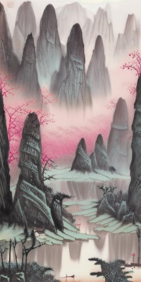 UIASM,Ink painting, illustration, Chinese architecture, lake, algae, hibiscus, distant mountains, moon, in autumn, a tree with pink flowers blooming, island, boat, on terraces, green trees, blue sky<lora:UIASM2.0:1>