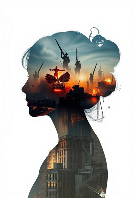 Abstract style dystopian future with elements of an apocalyptic war inside the silhouette of a womans head and shoulders, that is a double exposure photograph . Non-representational, colours and shapes, expression of feelings, imaginative, highly detailed