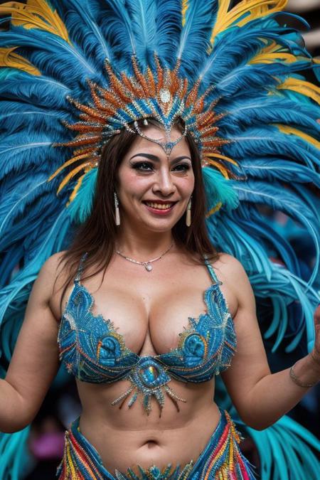 Masterpiece, highest-quality, epic vibrant details, 2D colored ink style, concept art, impasto, A beautiful busty voluptuous 40yo Brazilian Carnival dancer, a headdress made of bright blue bird feathers, Rio Carnival celebration, Rio De Janeiro, shallow depth of field, highly detailed, glowing details, scene is charged with vibrant colors, detailed textures to bring the scene to life, (sharpest quality), (sharpest focus), Full-view, wide angle, atmospheric lighting, (8k), visually stunning, high contrast, easynegative