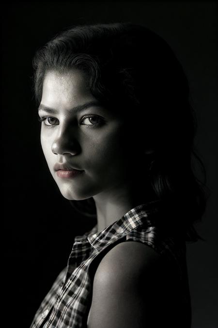 <lora:zendaya-01:1.1> z3nd4y4, 1girl, upper body,, Flannel Button-Down Shirt, Grayscale, Whimsical Photography, digital camera, Spotlight on the subject with a dark background (Spotlight Effect).