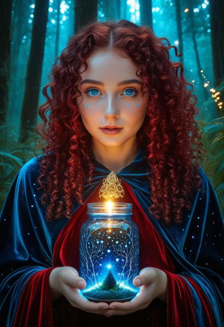 (masterpiece, best quality, ultra-detailed:1.3), RAW photo, 8K UHD, 
1girl, mystical heterochromia (gold/azure), flowing crimson curls, ethereal luminescent skin, petite frame, velvet cloak with constellation patterns,
[Enchanted forest, bioluminescent plants], [catching fireflies in glass jar],
mystical atmosphere, volumetric rays, intricate details
