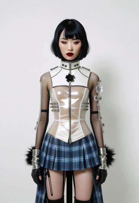 The image is a photograph of a young, slender, East Asian individual with a pale complexion and long, straight black hair with a striking platinum blonde fringe. They are dressed in an avant-garde, futuristic outfit that combines elements of punk and gothic aesthetics. The outfit consists of a white, tattered, high-necked top wrapped around their torso, adorned with intricate, silver jewelry and a prominent, ornate pendant necklace. The image is a high-resolution photograph of a person standing against a plain white background. The subject is wearing an elaborate, futuristic protective suit made of a shiny, translucent, and stretchy material, likely a form of medical-grade plastic or a specialized fabric. The suit covers the person entirely, from head to toe, and features a complex design with multiple layers and straps. This is a photograph of a woman standing indoors, dressed in a vintage-inspired outfit. She has wavy, shoulder-length black hair adorned with a decorative hair clip featuring a flower. Her makeup includes red lipstick and subtle eyeshadow. She is wearing a plaid jacket with a faux fur collar in shades of blue, brown, and beige. The jacket has a zipper and button front, and underneath, she wears a white blouse.