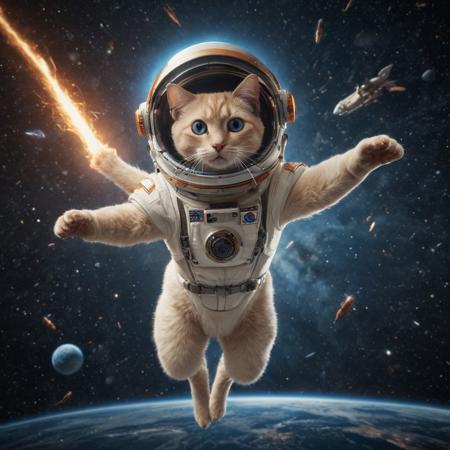 (masterpiece:1.3), (highly detailed: 1.3), (best quality:1.3), a cinematic image of a cat flying in outer space, flame-point Siamese, cream-colored body fur, cat with ginger orange mouth and nose and tail and ears and feet, blue-eyes, cross-eyed, wearing a space helmet, action shot, wide-angle, cinematic backdrop, background with rocket ship and stars and galaxy, sharp focus, dynamic lighting, lens flare, sci-fi, vibrant color, high contrast image, 8k, sharp, cinematic masterpiece, depth of field