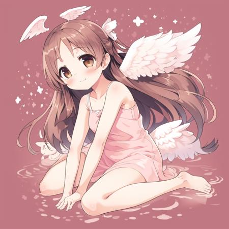 best_quality,masterpiece,1_girl,brown hair, long hair, half updo,   <lora:cura:0.8>,  angel wings,whole body,