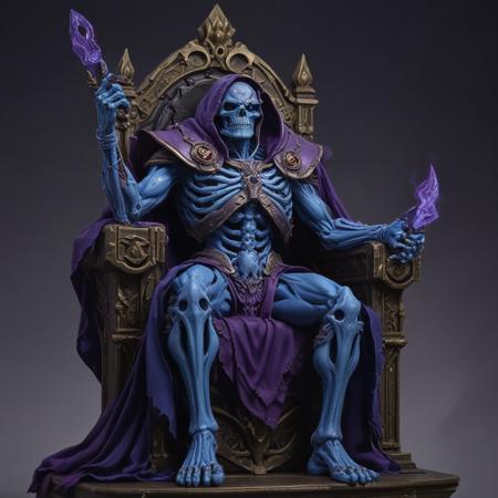 evil skeletor, blue and purple scheme, streaming on twitch, throne of olympus, incrinate content details, fullbody view, academy headmaster, lich, gildhardho,micro details,grimmdark, octane, threads,highly detailed, artstation, trending, hellscape, rich deep colours,bsgth, laura sava