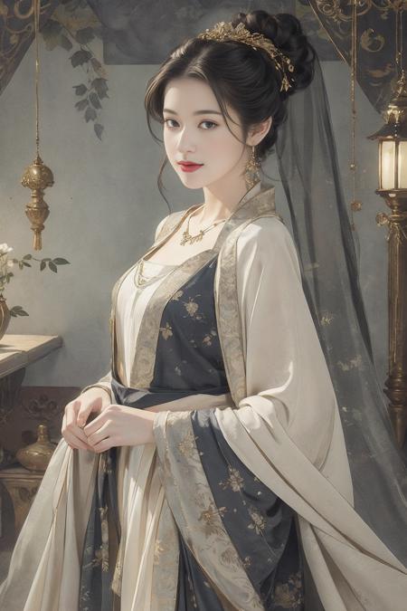 (masterpiece, best quality, ultra-detailed:1.2),1girl,perfect curves,(g0ld3mb, gold:1.1),(glimmering galaxy dress:1.1),HDR photo of young woman with a messy top bun,light brunette hair,wearing a slightly unbuttoned blouse,smiling at the viewer,holding a peach,standing in an orchard of peach trees . High dynamic range,vivid,rich details,(2D:1.3),watercolour drawing,((paper scroll)),(fantasy),(mystery),((Cinematic Lighting)),<lora:wensufan_v4:0.8>,silver foil texture,linen texture,black gold,figure,jewelry,flower,tree,<lora:wenfun_v222:1>,
