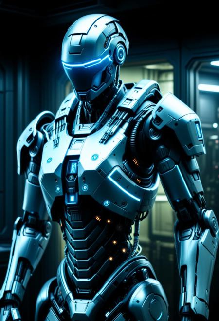 Cyberpunk, sci-fi, dark-fantasy, hyperdetailed photography, portrait photo of a robot soldier in an army headquarters, hyperrealism, elegant, concept art, smooth, sharp focus, color graded, cinematic wallpaper