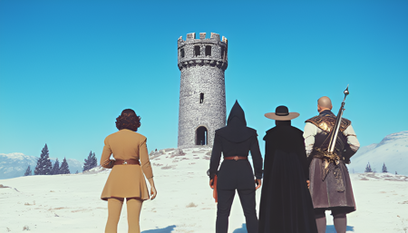 ArsMovieStill, movie still from a 1930s technicolor movie, an image featuring two women and two men standing in the foreground, their backs are turned to us. The first woman is a dressed in a short khaki dress and holds a crossbow, with a scabbard on her belt. The second woman is dressed in a black cloak and wears a witch hat, with an ornate sword in her hand. The first man wears a padded jumpsuit and holds a staff with a ruby. The second man is dressed in white robes and has 6 swords strapped to his back. He is bald. In the background is a tall stone tower in the middle of a snowfield. There are a few trees scattered around in the distance and the sky is clear and blue. The tower and the trees are miniatures, the sky and the distant background are painted backdrops.