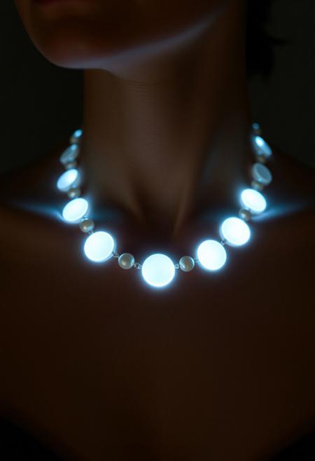 subdermal LED jewelry, (internal LED glow:1.7) forming uniform, large glowing circles beneath the skin, (embedded LEDs:1.7) mimicking a soft pearlescent light pattern, smooth radiant circles following the natural curve of the collarbone, (pearlescent glow:1.5), soft light diffusing naturally from beneath the skin, high-definition, (realistic skin texture:1.7), (subtle glowing circular shapes under the skin:1.6), seamless integration of light and skin, radiant light transitions, perfect for both formal and casual settings, (worn necklace:-1.8), (visible pearls:-1.8), (unnatural glow:-1.5), minimal external appearance, modern elegance, high-resolution, ultra-realistic textures, smooth glowing shapes forming an elegant necklace pattern, tech-enhanced beauty