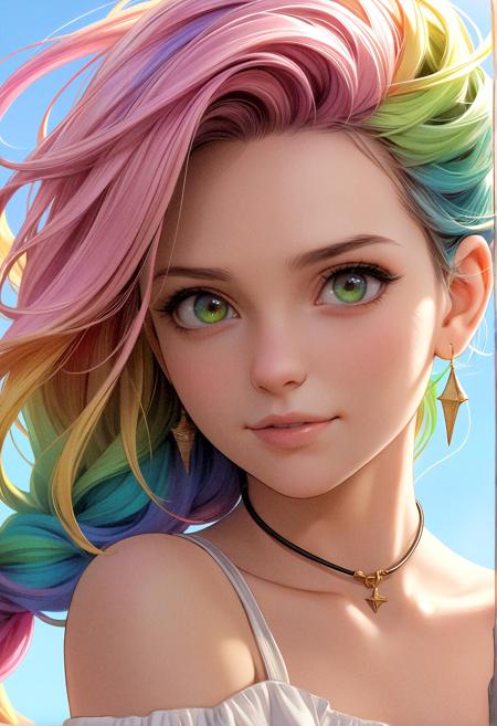 A hyperrealistic portrait of a young woman in three-quarter profile, her multicolored rainbow hair—blending pink, yellow, blue, and green—swept back by the wind, revealing her ear and delicate jawline. Her golden hazel eyes glance sideways with a soft, thoughtful expression. She wears a loose white blouse with visible fabric folds and a thin black necklace with a small charm. The sunlight enhances the fine strands of hair and subtle shadows on her smooth, luminous skin. Sky and clouds blur in the background, enhancing the depth and realism. High-detail rendering, warm ambient light, dynamic hair movement, soft facial shadows, photoreal textures